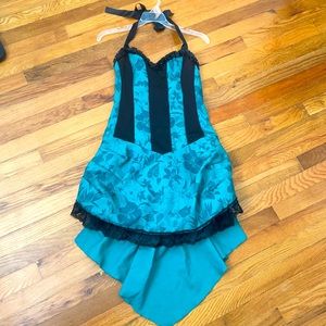 Leg Avenue Elegant Teal and Black Floral Halter Corset Dress Saloon Costume XL